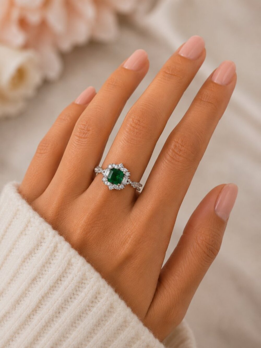 NEW 18k White Gold Emerald Diamond Ring